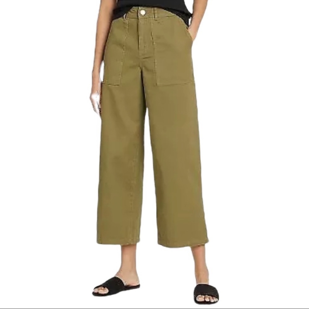 🛍️Womens Olive Green Wide Leg Crop/High-Rise Cotton Twill Pants Size 16